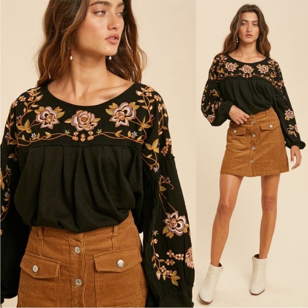 NWT Embroider Top Black embroidery Floral Long Sleeve pull over "In Loom" L XL - Picture 7 of 10